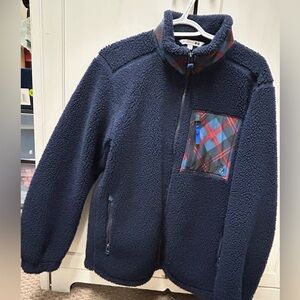 Uniqlo Men's Dark Blue Fleece Jacket with Plaid Detail